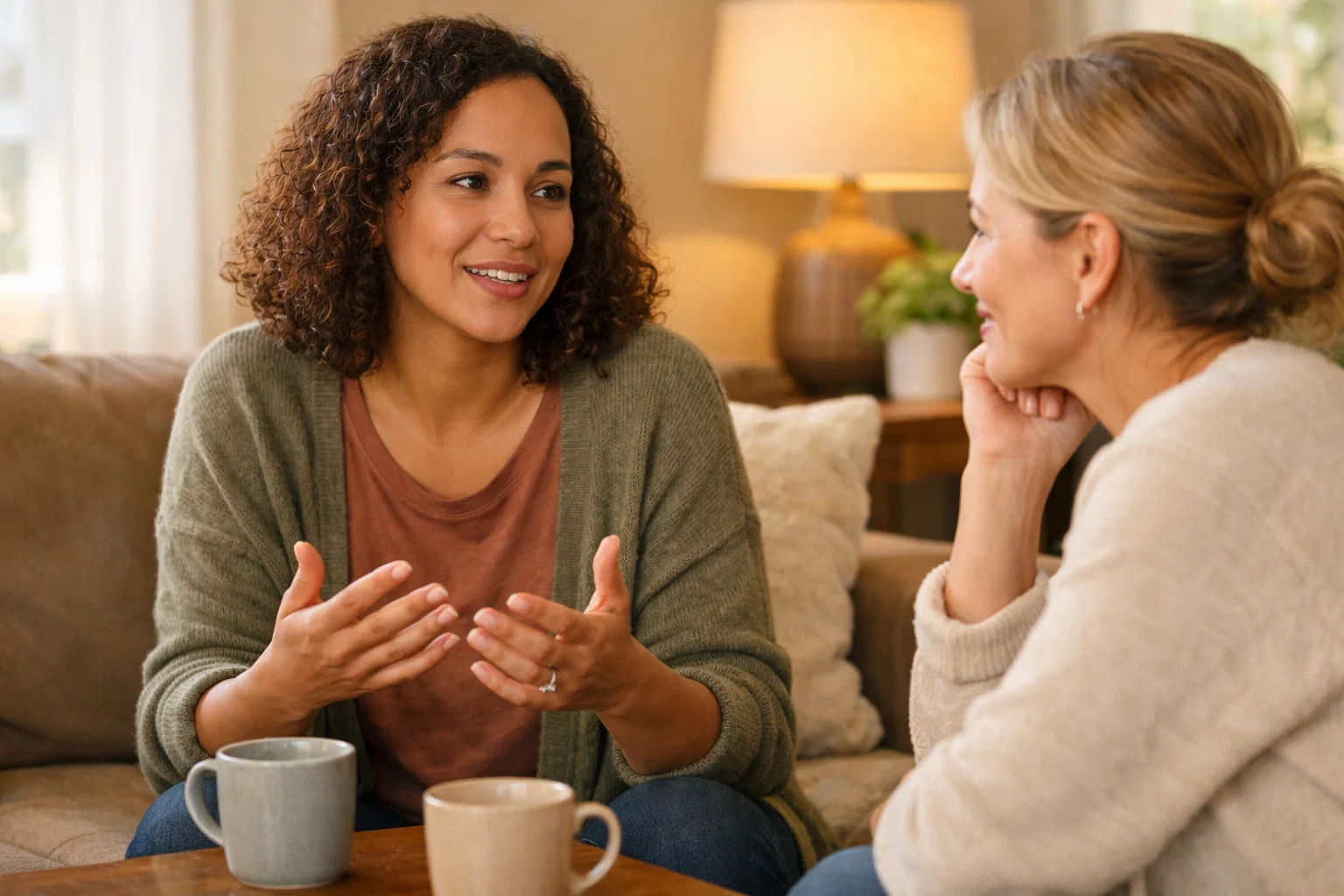 Duas pessoas numa conversa de apoio representando a importância de procurar ajuda e falar com alguém