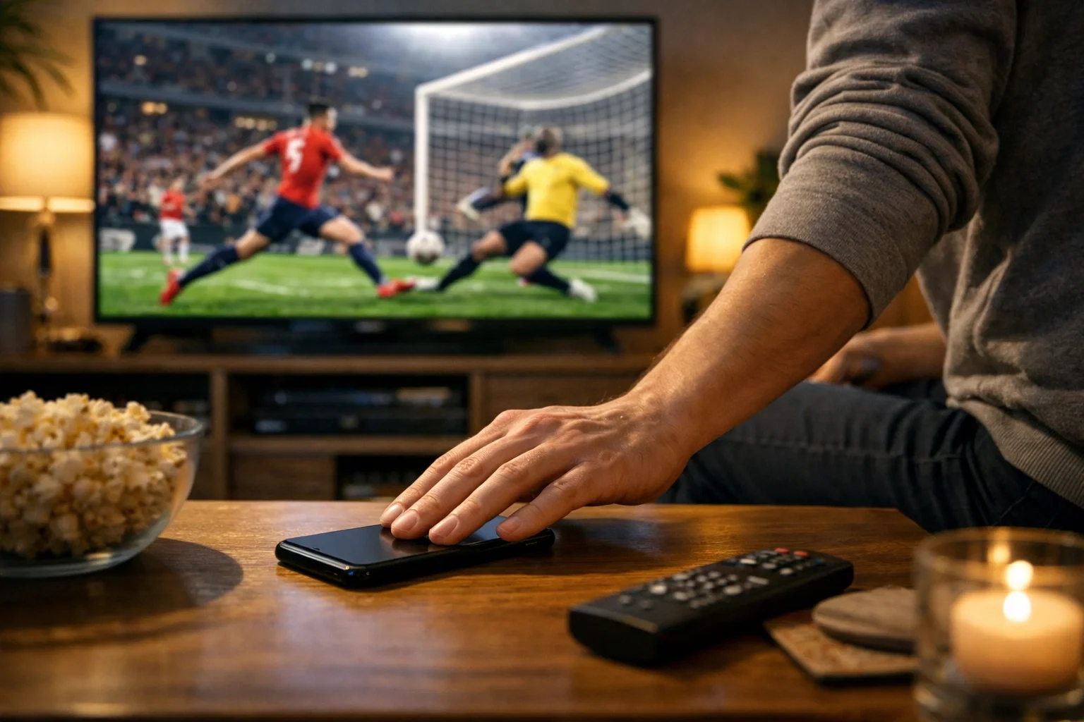 Pessoa a demonstrar autocontrolo e disciplina durante apostas ao vivo num jogo de futebol