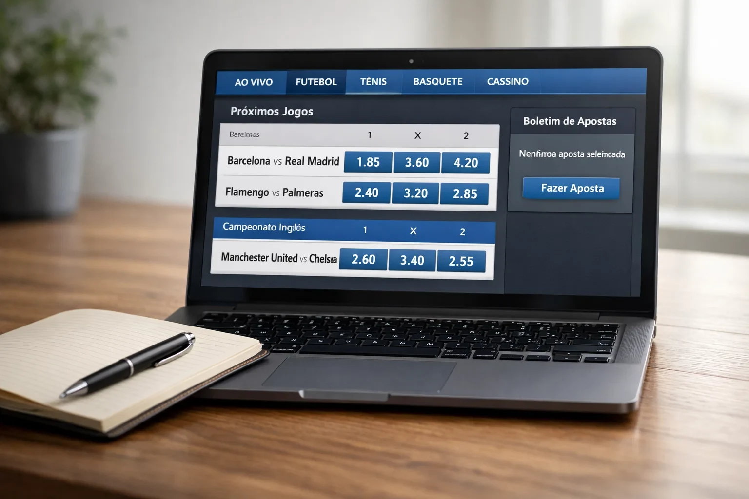 Ecrã de computador portátil a mostrar interface de apostas desportivas com odds visíveis