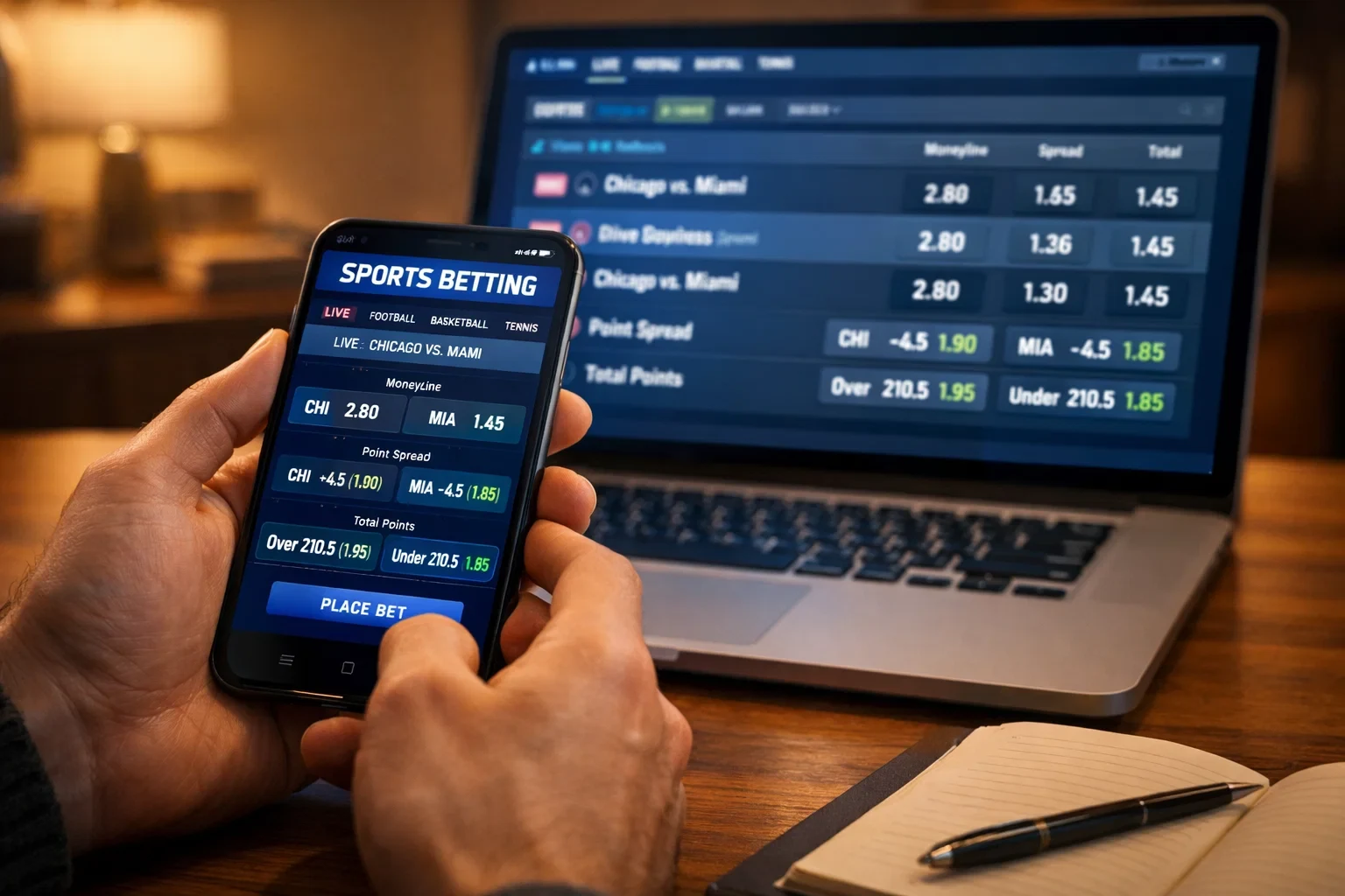 Pessoa a comparar odds de apostas desportivas em smartphone e portátil simultaneamente
