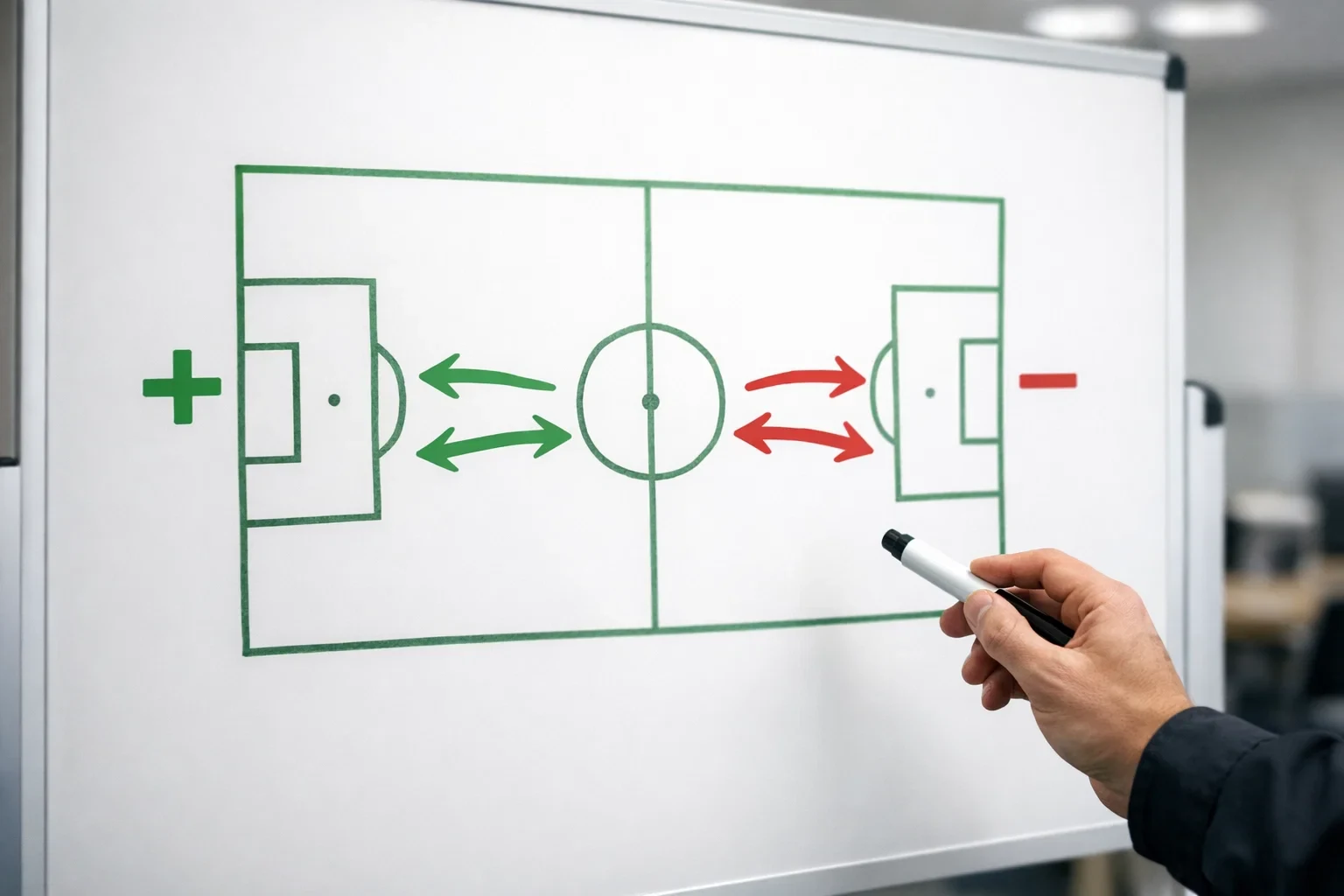 Quadro táctico ilustrando o conceito de handicap em apostas de futebol com símbolos de vantagem e desvantagem