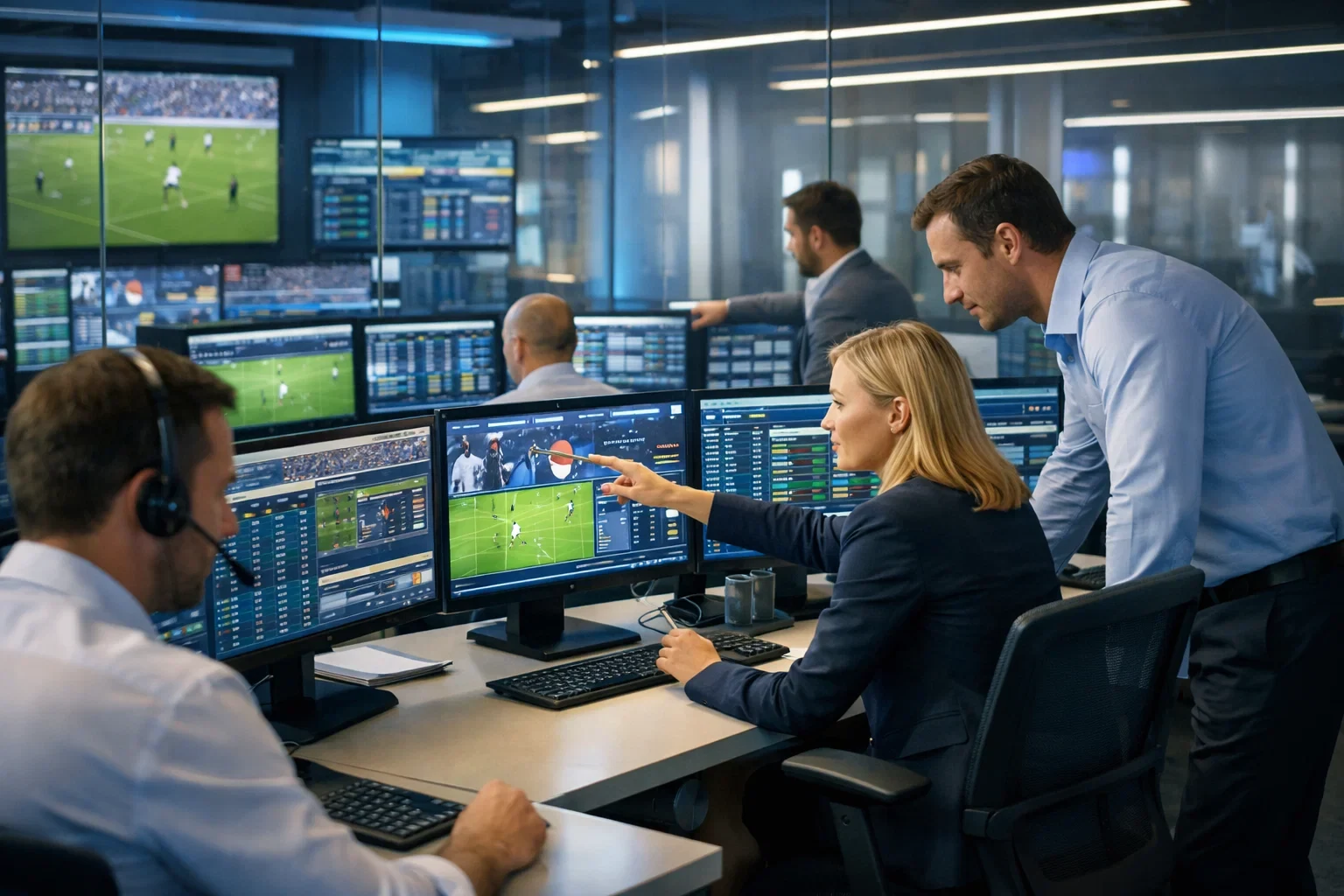 Equipa de traders e analistas numa casa de apostas moderna a monitorizar odds e mercados em tempo real