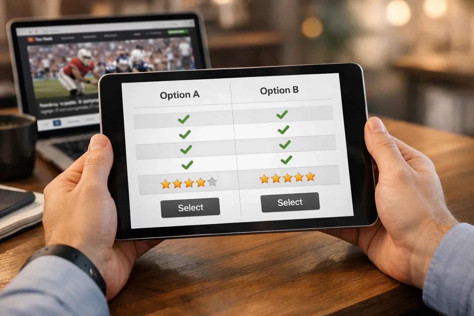 Mãos a segurar tablet com interface de comparação de serviços e avaliações