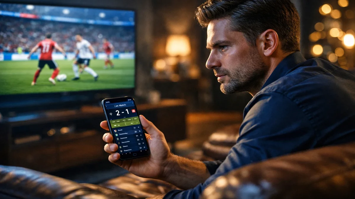 Homem a assistir a um jogo de futebol numa sala de estar moderna enquanto verifica apostas no telemóvel