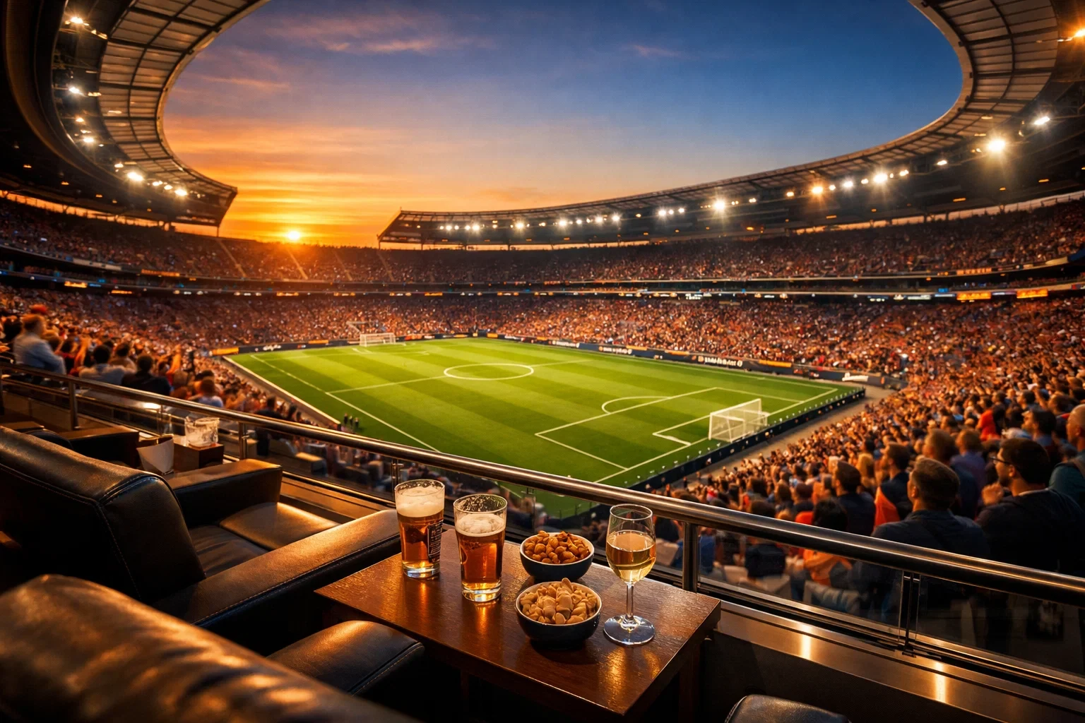 Vista panorâmica de estádio de futebol ao pôr do sol com adeptos nas bancadas