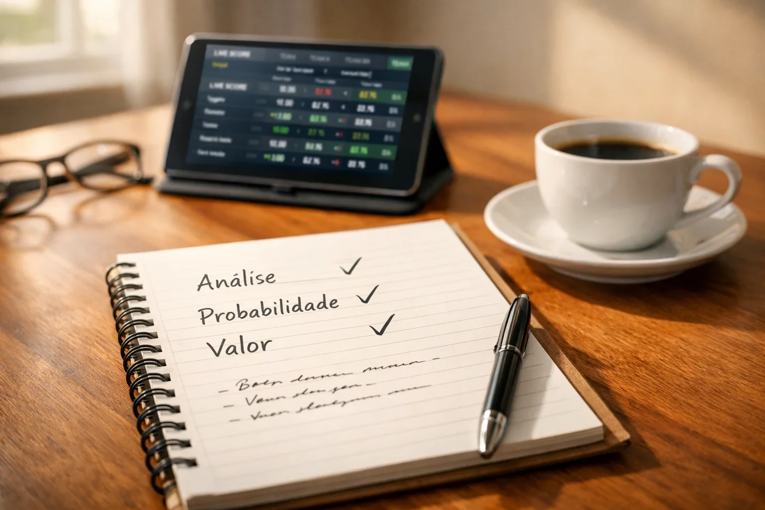 Espaço de trabalho organizado com caderno de notas e checklist para análise metódica de apostas desportivas