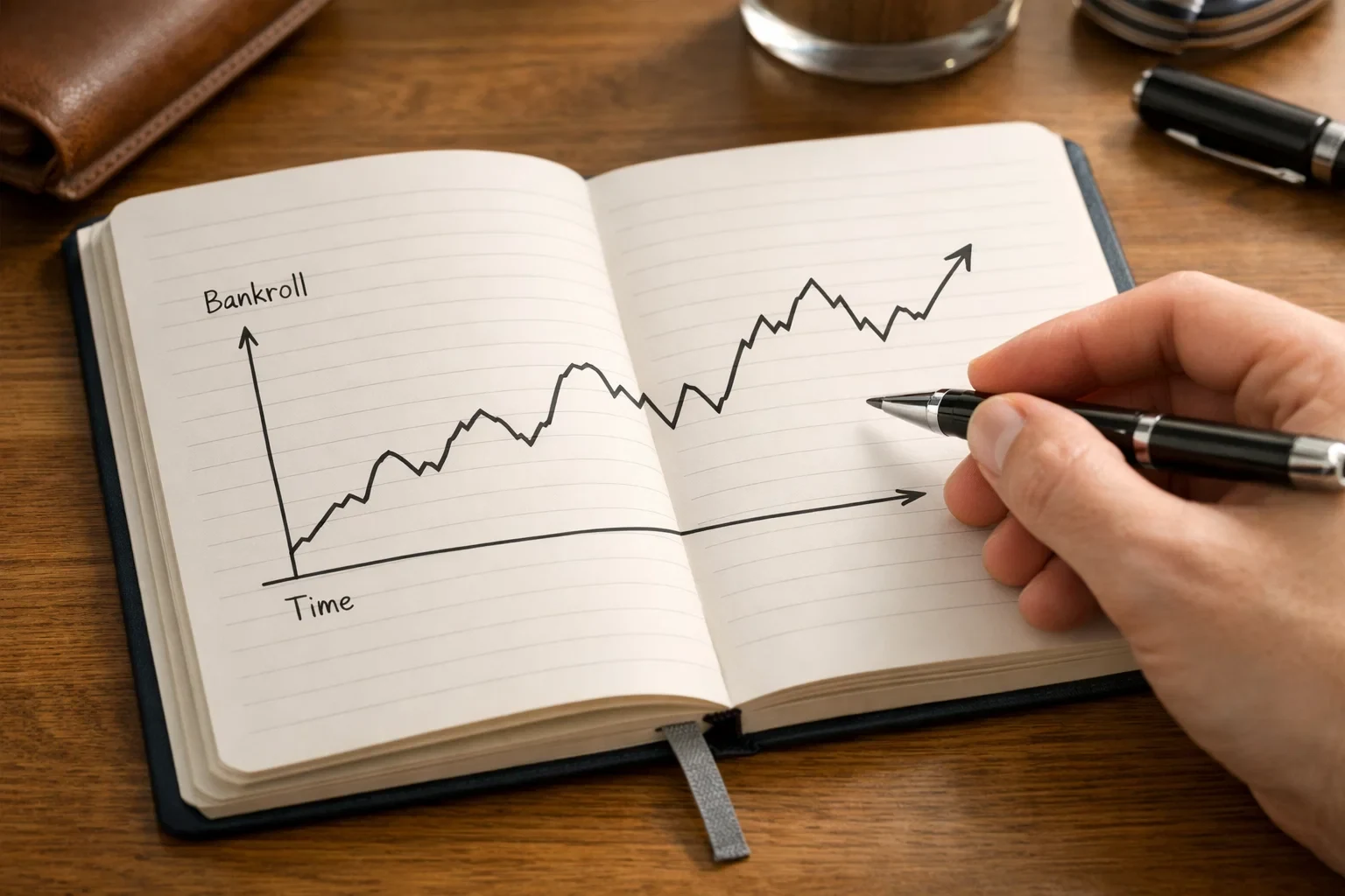 Caderno com gráfico simples mostrando a evolução da banca de apostas ao longo do tempo