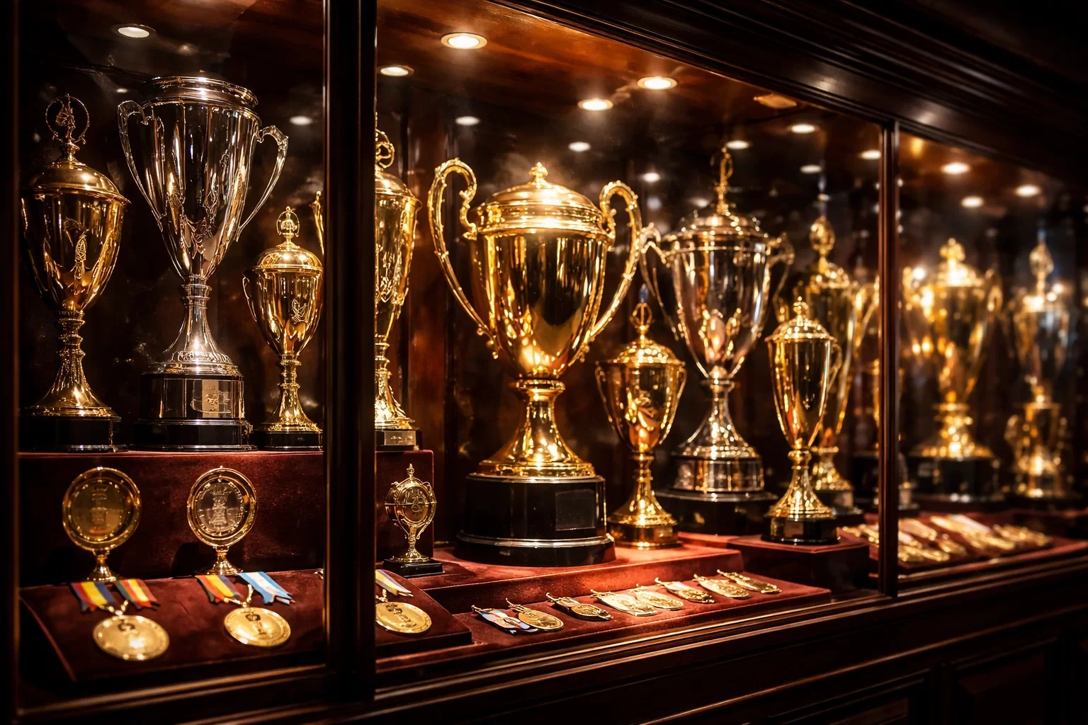 Vitrina de troféus de futebol dourados e prateados representando o conceito de apostas de longo prazo em campeonatos
